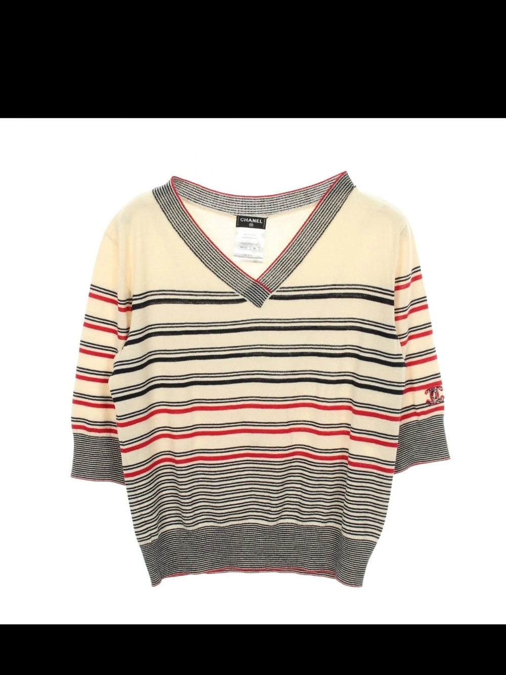 CHANEL 2013 Coco Mark Striped V-Neck Knit Top FR 38 Wool Cashmere
